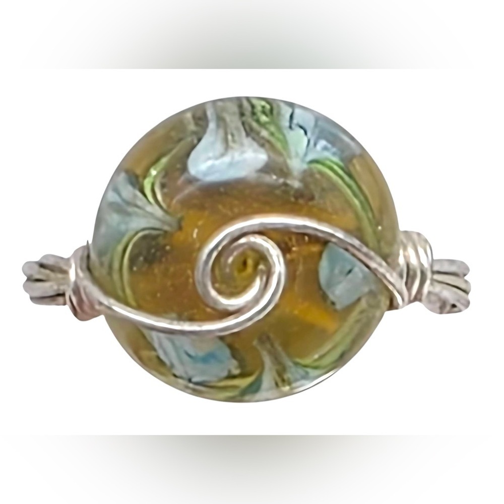 Artisan Lampwork Glass Swirl Ring Sterling Silver Wire Coastal Ocean Earth Tones